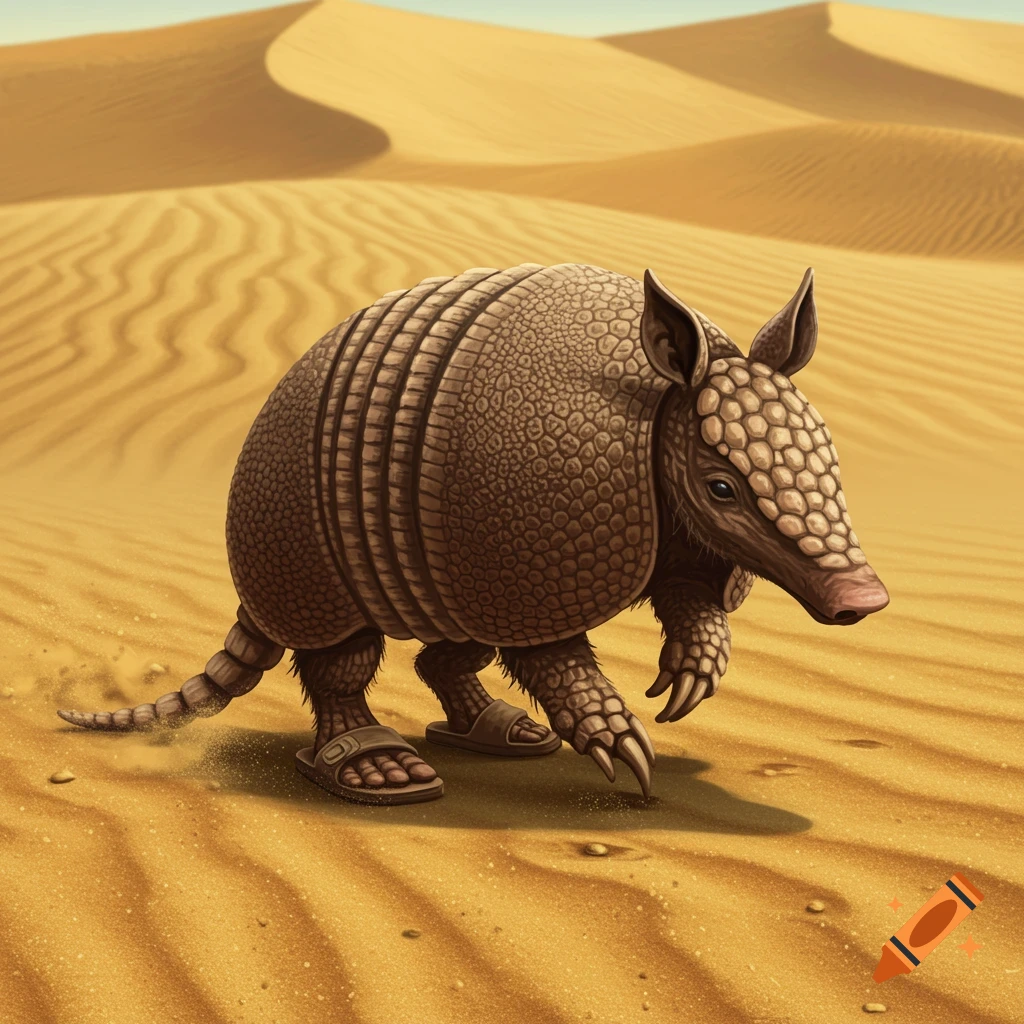 An armadillo wearing brown sandals walks across a sandy desert with dunes.
