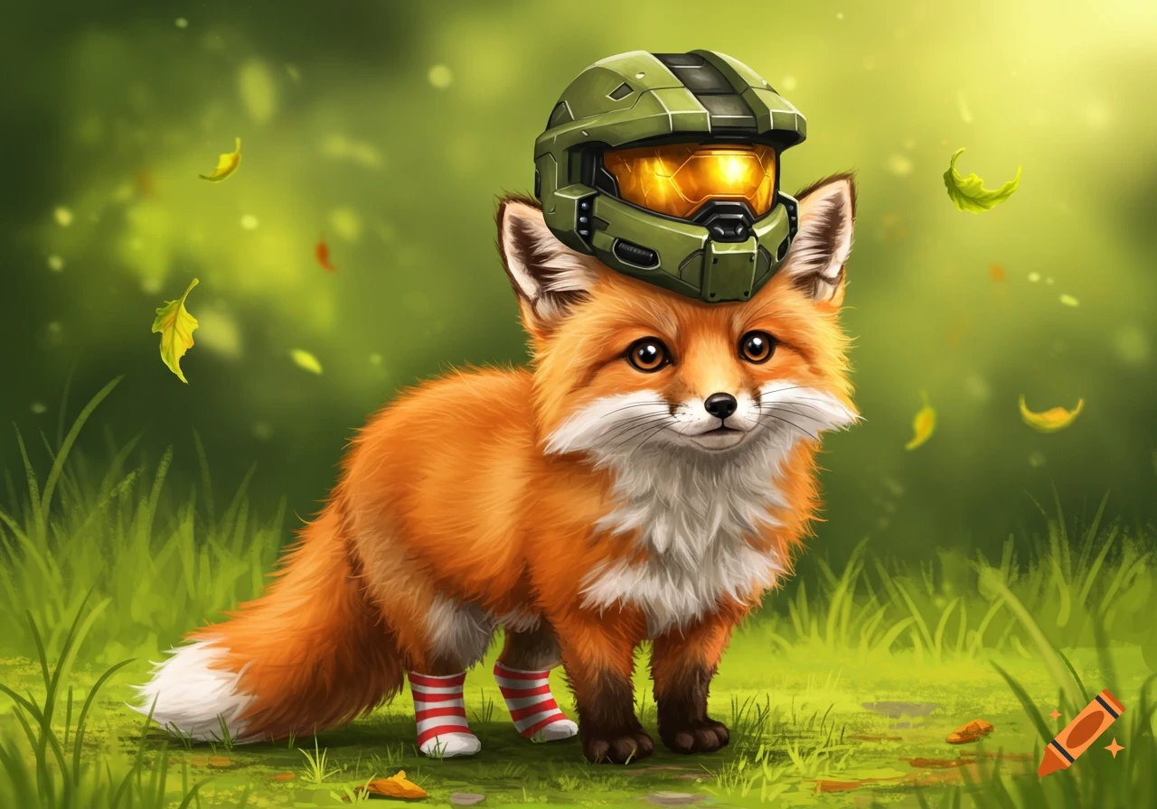 A cute fox wears a green Spartan helmet and red and white striped socks, standing in a leafy green forest.