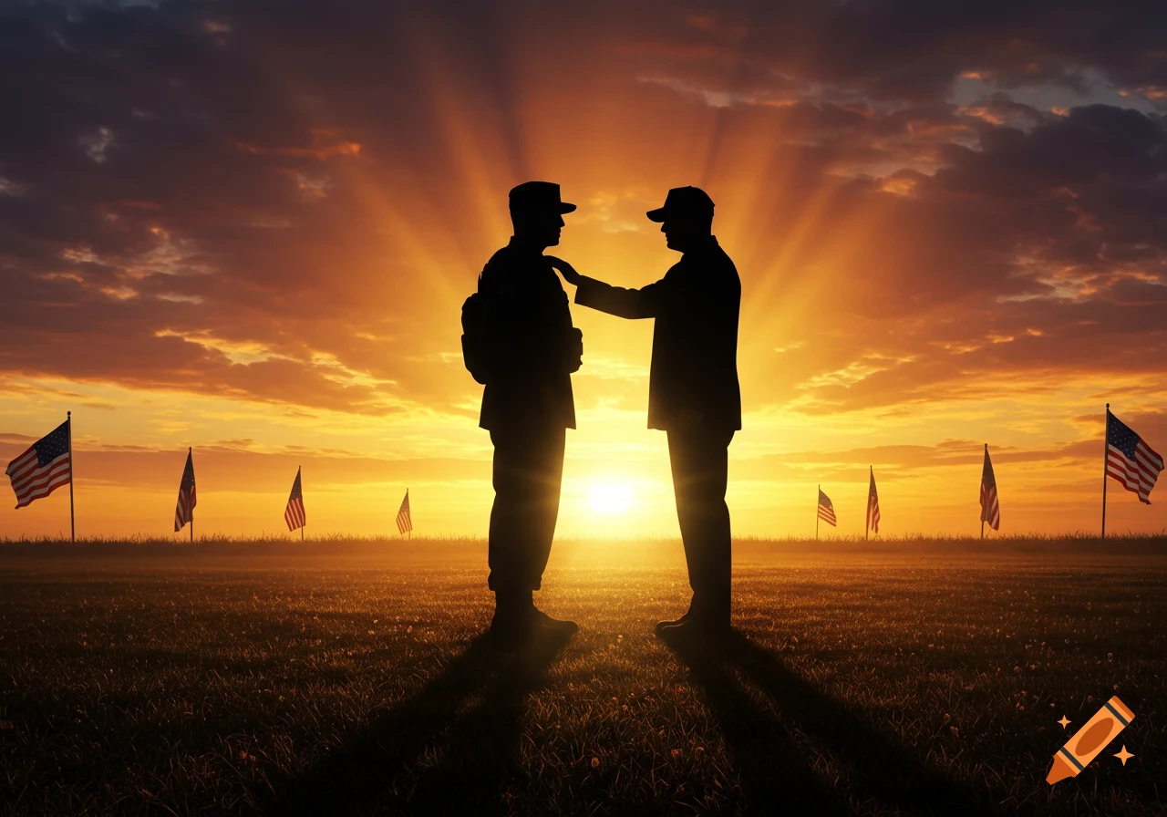 Silhouettes of a soldier and a man standing in a field with American flags at sunset.