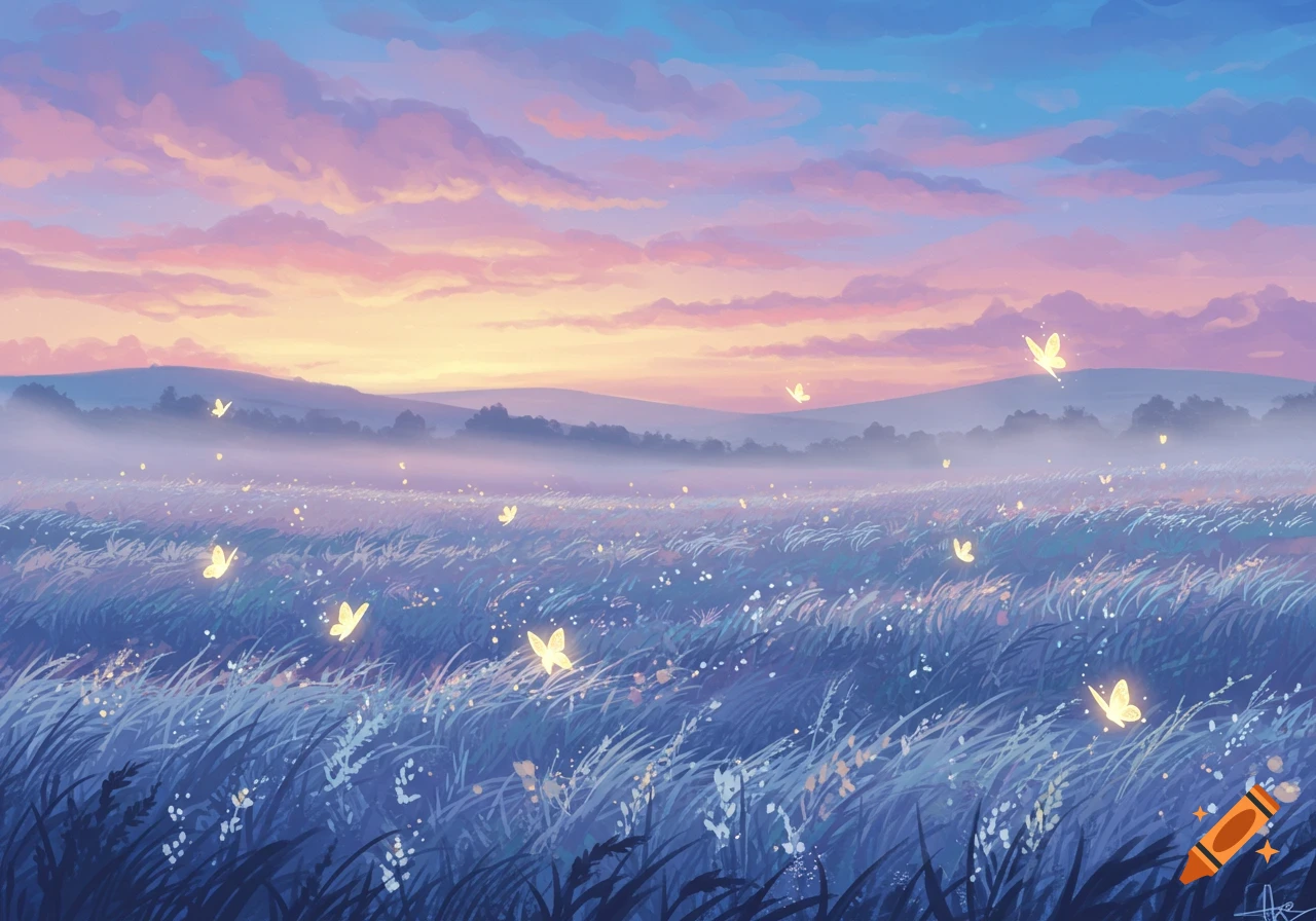 A vibrant, painterly landscape of a field of blue-purple grass with glowing yellow butterflies at sunset, under a sky with pink and orange clouds.