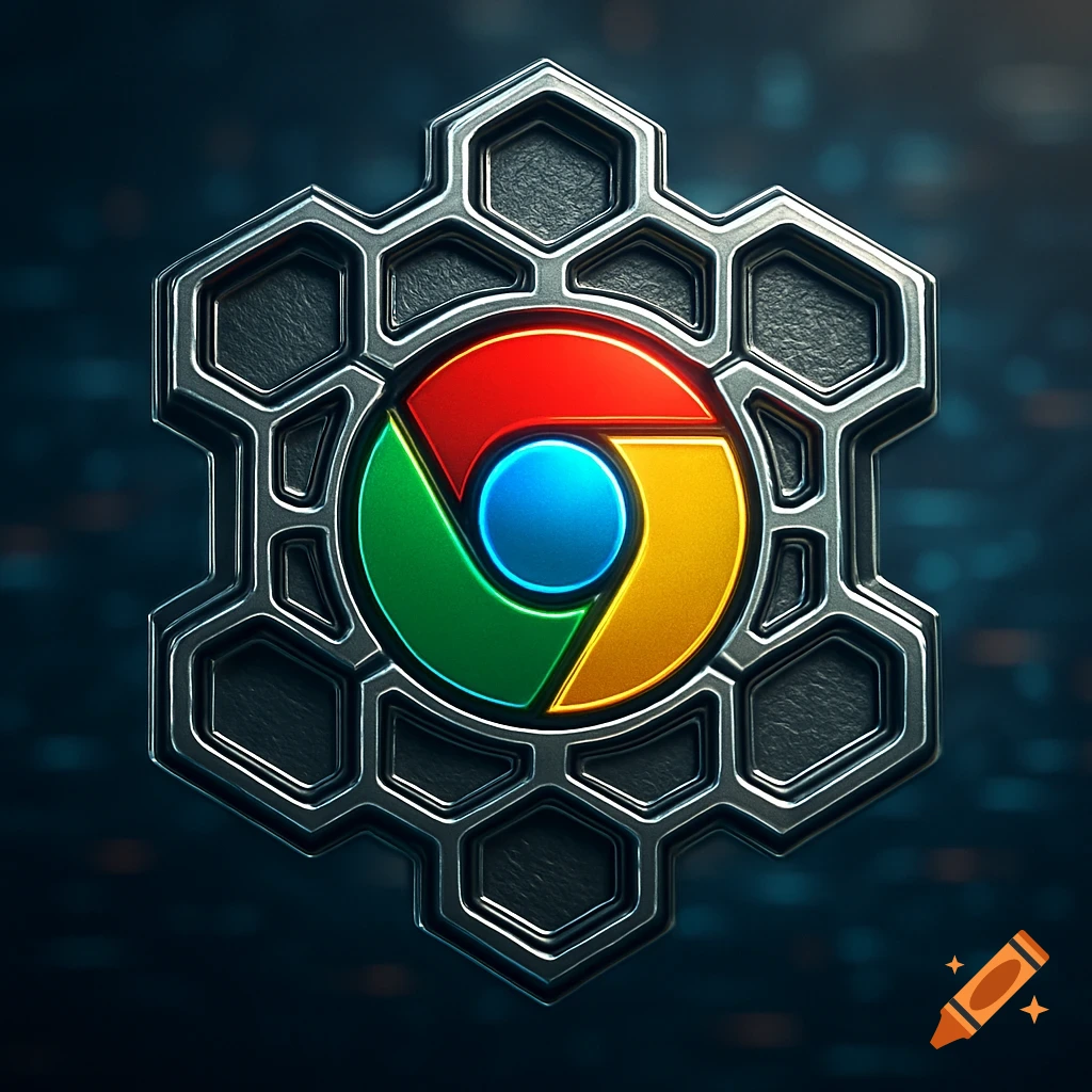 A 3D, metallic Google Chrome logo set within a hexagonal honeycomb frame on a dark, textured background.