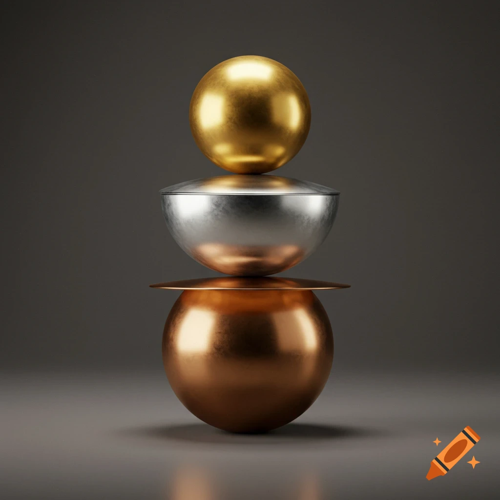 Photorealistic rendering of three metallic objects stacked: a gold sphere, a silver bowl, and a copper sphere on a dark background.