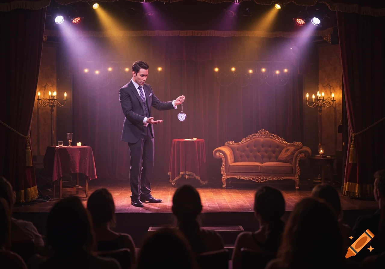 A man in a suit performs on a dimly lit stage, holding a pocket watch as an audience watches.