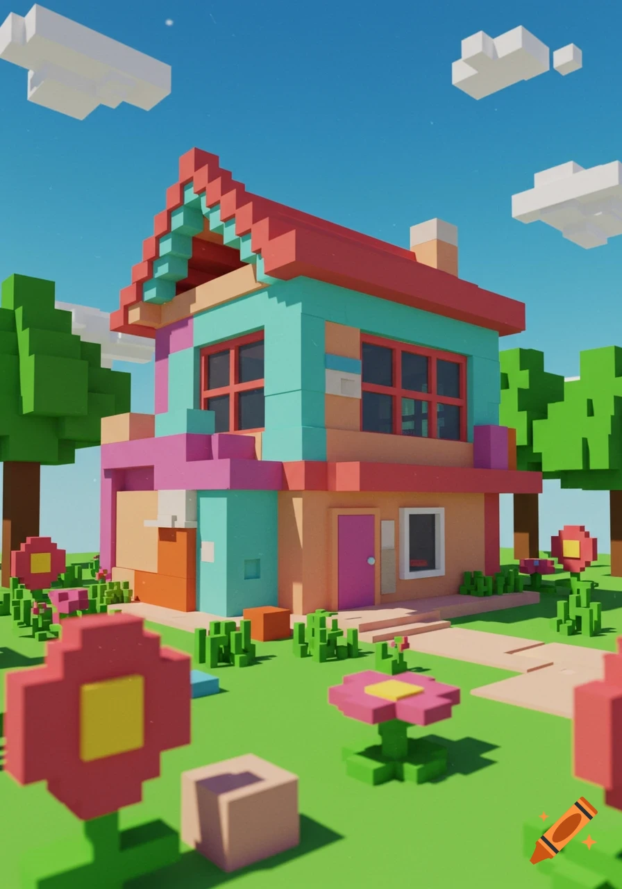 A colorful, blocky voxel art house with green trees and flowers under a blue sky.