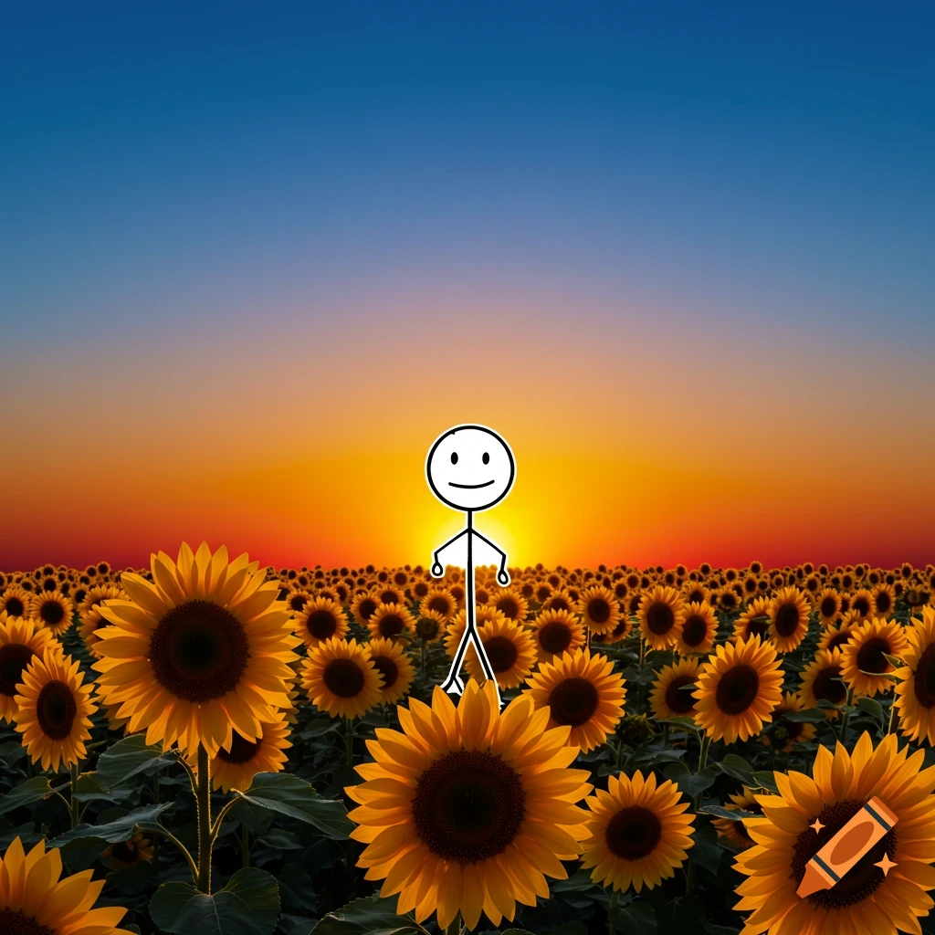 A black stick figure with a smiley face stands in a vibrant yellow sunflower field under a gradient orange and blue sunset sky.
