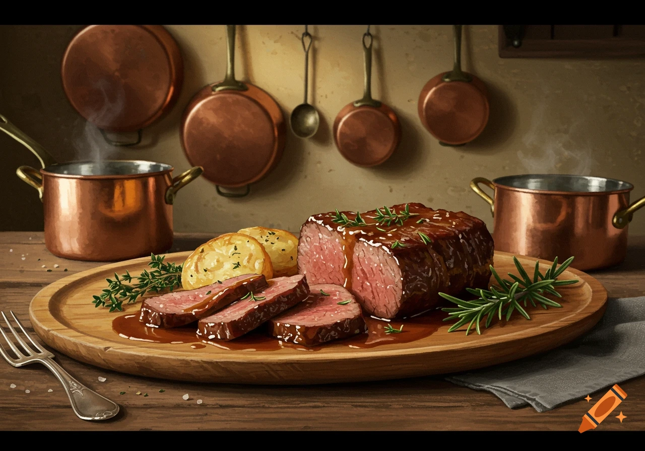 Sliced beef roast with potatoes and herbs on a wooden board, with copper pots in a kitchen.