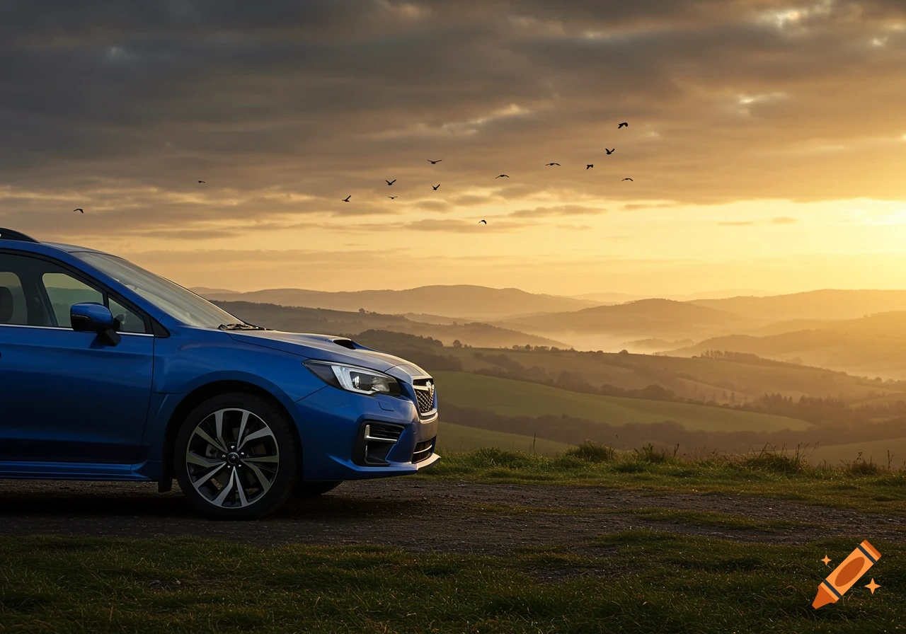 A blue Subaru car on a dirt road overlooking misty mountains at sunset with birds flying in the sky, photorealistic.