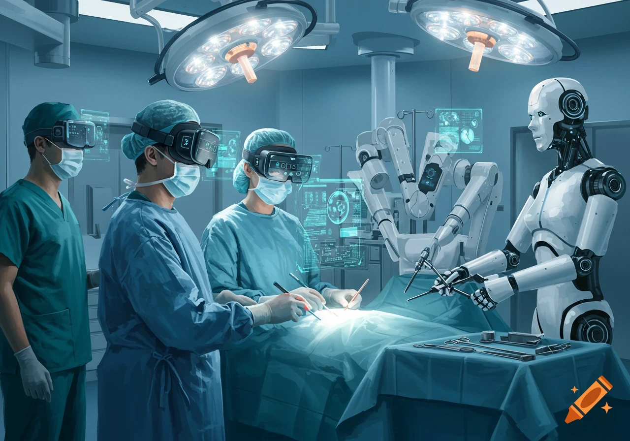 A futuristic operating theater with surgeons wearing VR headsets and a humanoid medical robot assisting with a procedure.