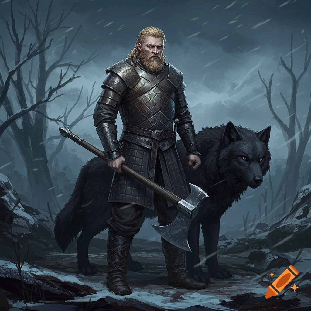 A bearded warrior in dark armor holds an axe, standing with a large black wolf in a snowy forest.