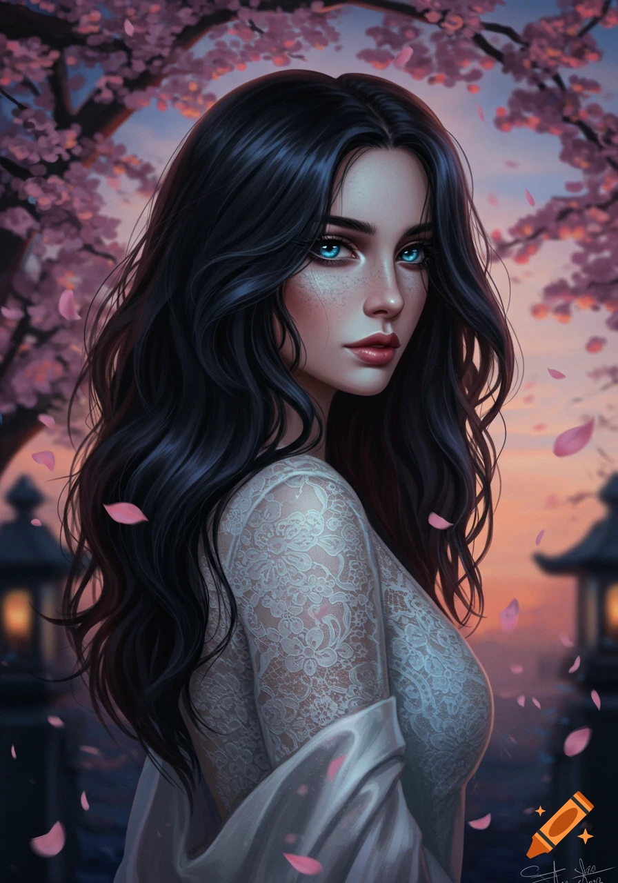 Digital painting of a woman with long dark hair, blue eyes, and freckles, wearing a white lace top, standing among pink cherry blossoms at sunset.
