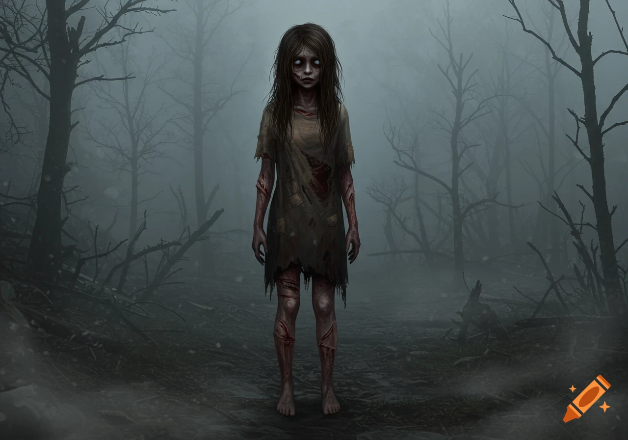 A full body portrait of a zombie girl with long dark hair, glowing white eyes, pale skin, and torn clothes, standing in a misty, dark forest.