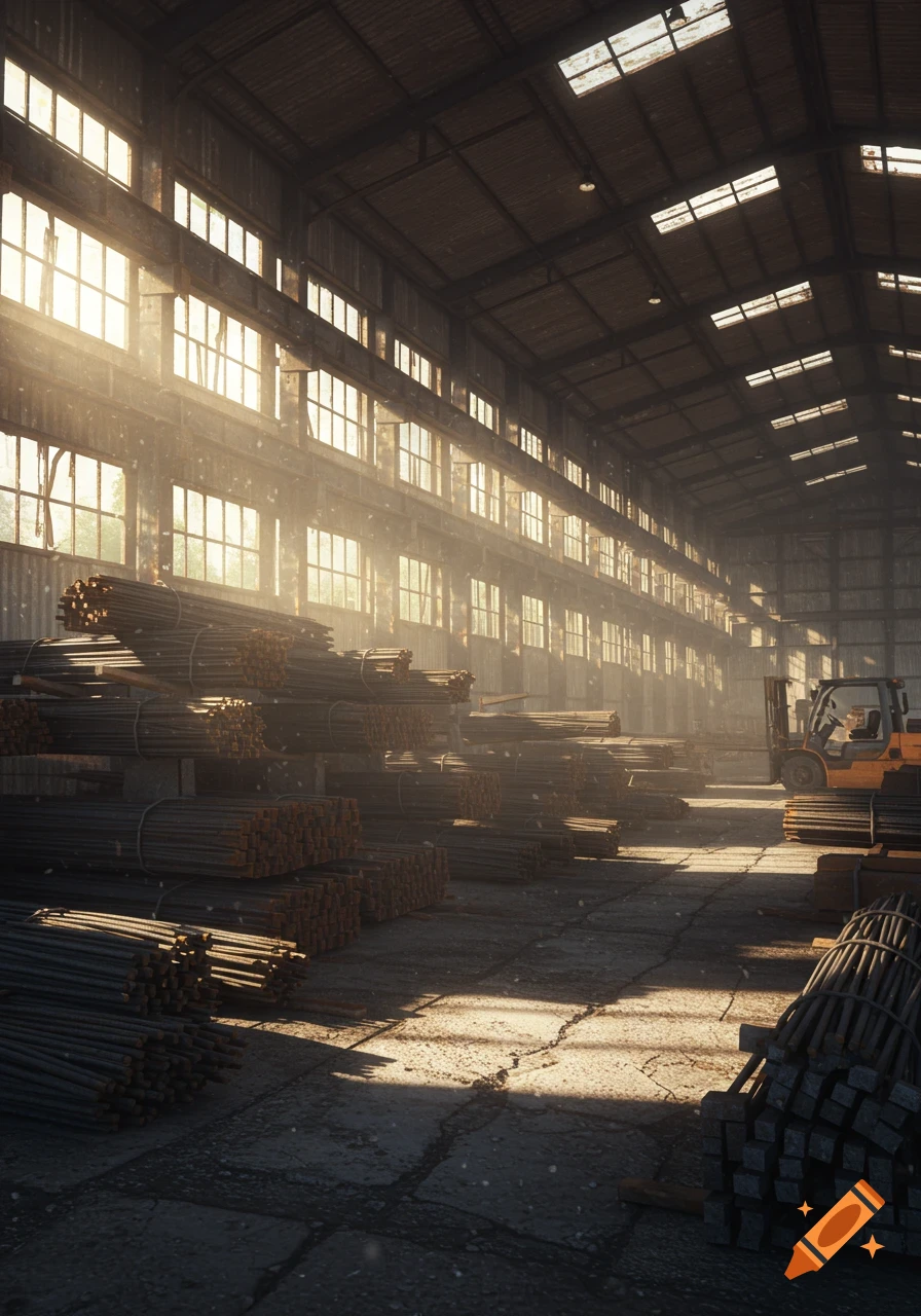 Sunlit view inside a large industrial warehouse, showing stacks of rebar and metal beams with a forklift in the background.