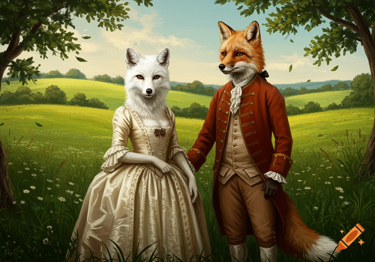 A white female fox and a red male fox in 18th-century attire stand in a lush green field, painted in the style of Gainsborough.