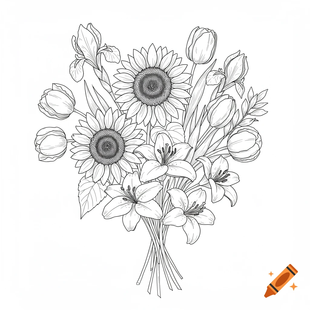 A black outline drawing of a bouquet featuring sunflowers, tulips, lilies, and iris.