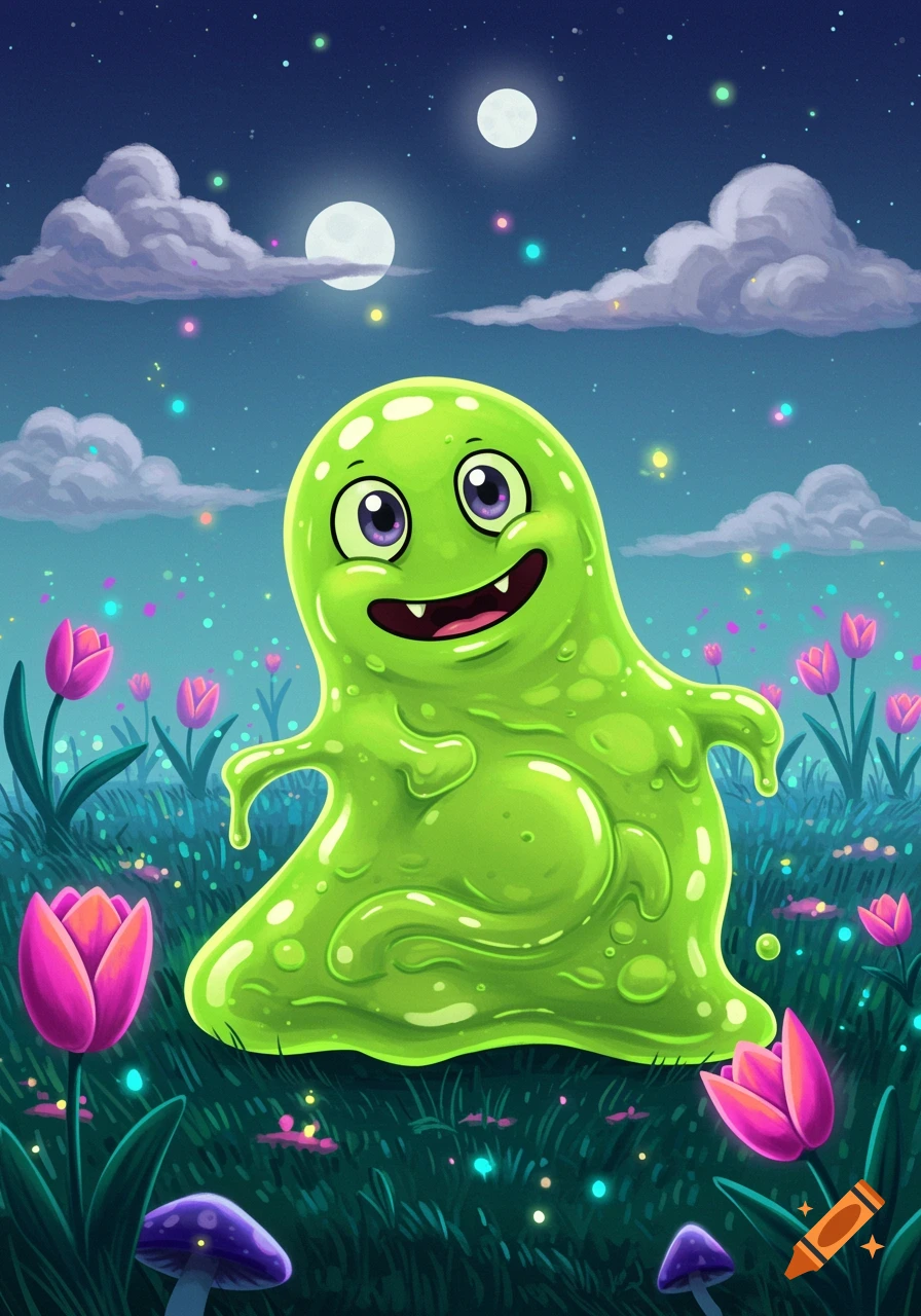 A happy, green slime monster with big eyes and a wide smile stands in a field of pink tulips and mushrooms under a starry night sky with two moons.
