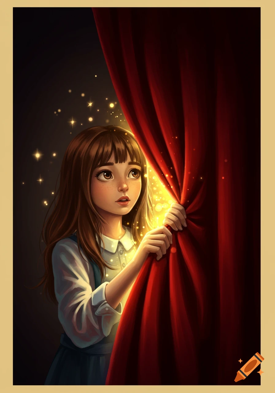 An illustration of a young girl with brown hair opening a red velvet curtain, revealing magical light and sparkles.