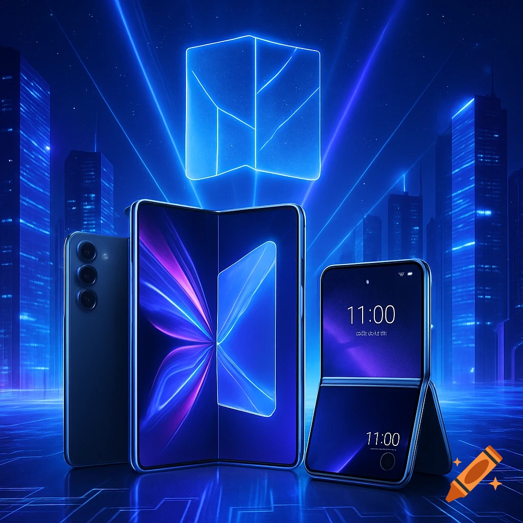 Three futuristic smartphones, including a folding and flip phone, in a neon blue, glowing city with a digital cube.
