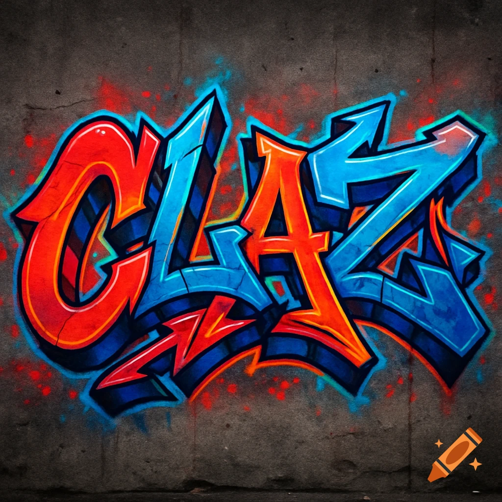 A colorful wild style graffiti piece spelling 'CLAZ' in red, orange, and blue on a dark concrete wall, with arrows and advanced letter structure.