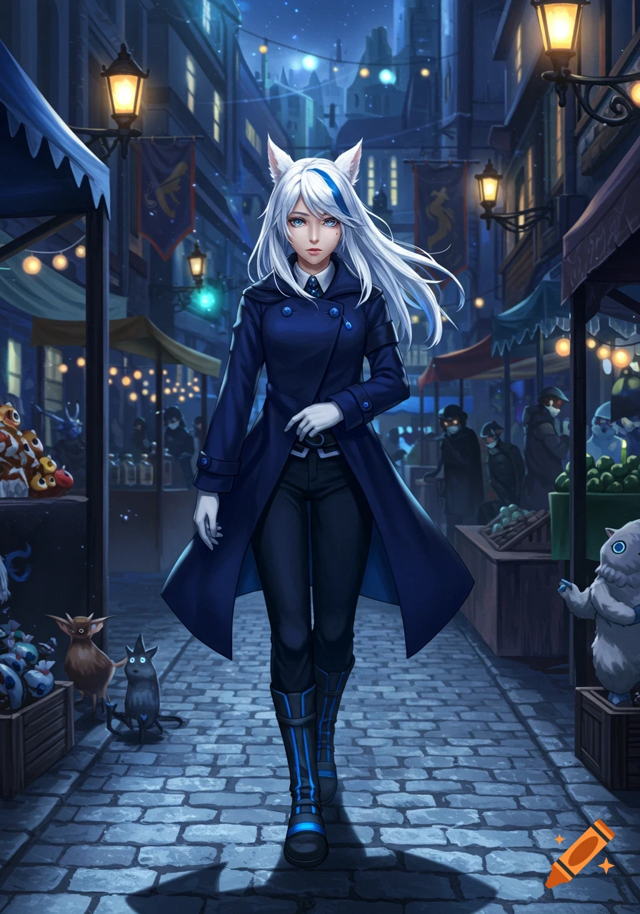 An anime woman with white hair and ears walks through a dimly lit fantasy street market at night.