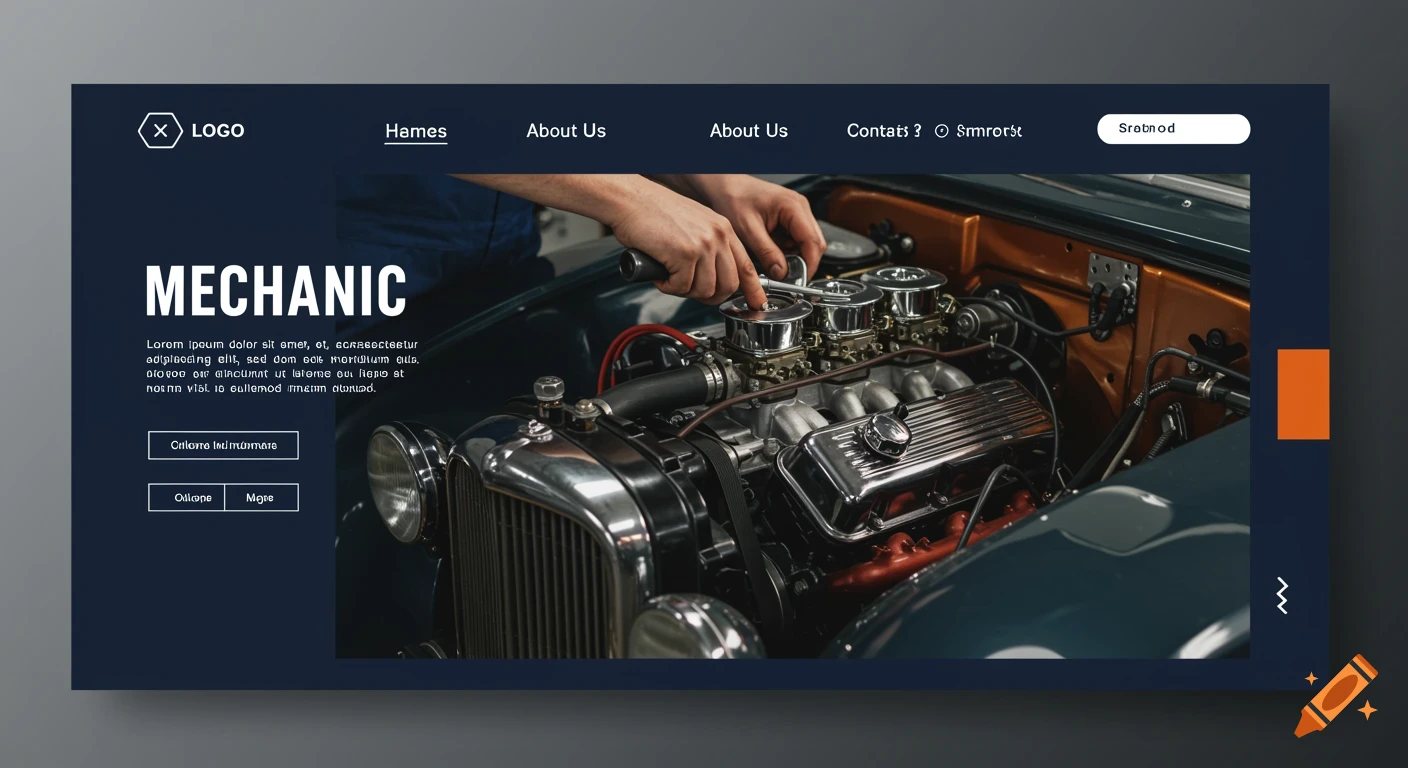 A photorealistic UI/UX landing page design for a mechanic, featuring a car engine with hands working on it.