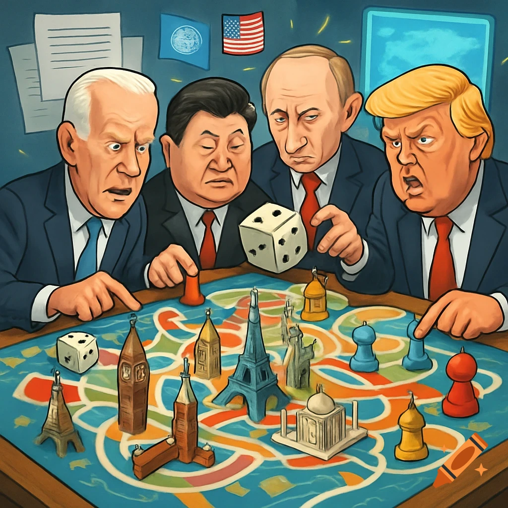Cartoon caricature of Joe Biden, Xi Jinping, Vladimir Putin, and Donald Trump playing a board game with global landmarks.