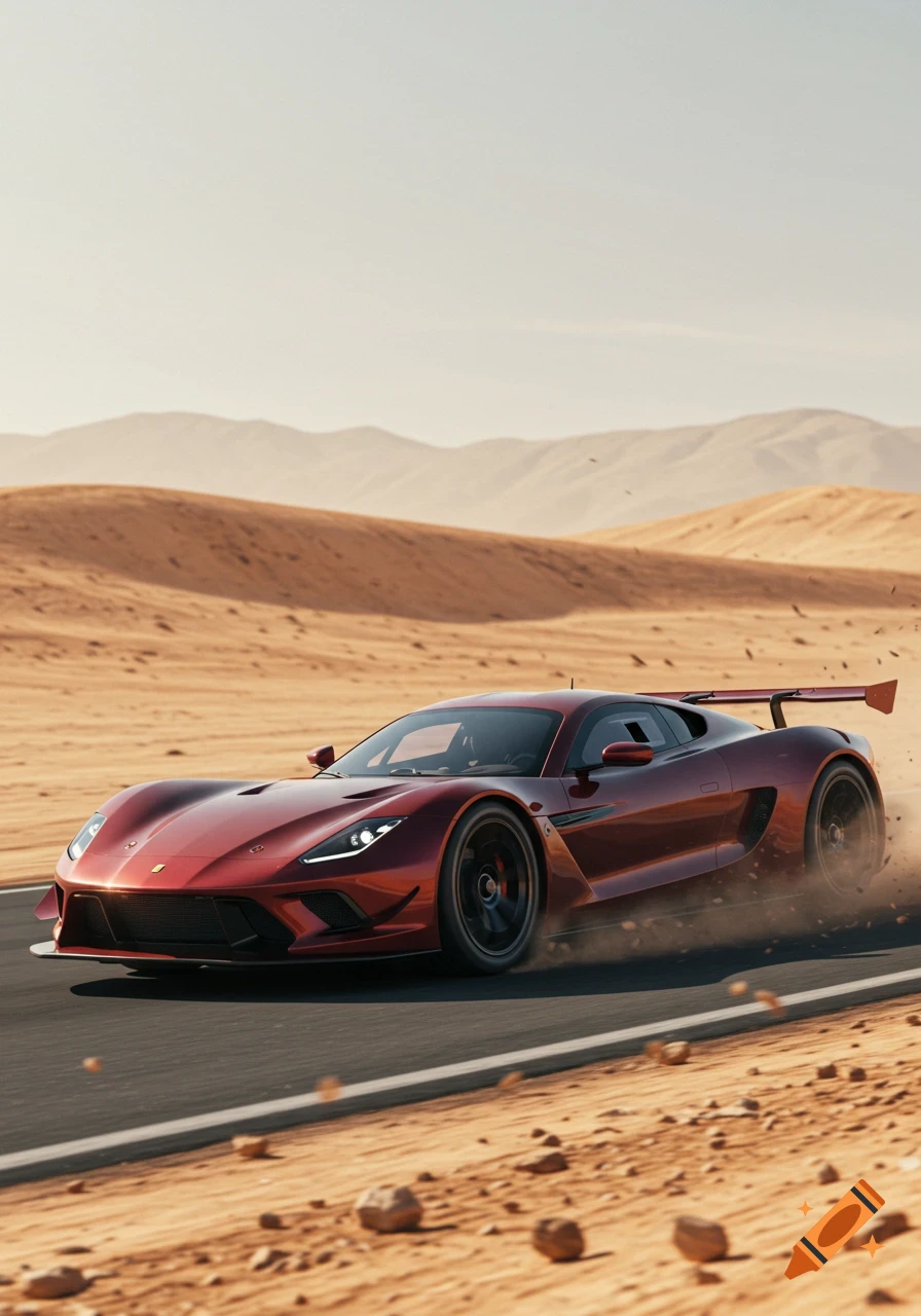 A red sports car speeds through a vast desert, kicking up dust on the road with sand dunes and mountains in the background.