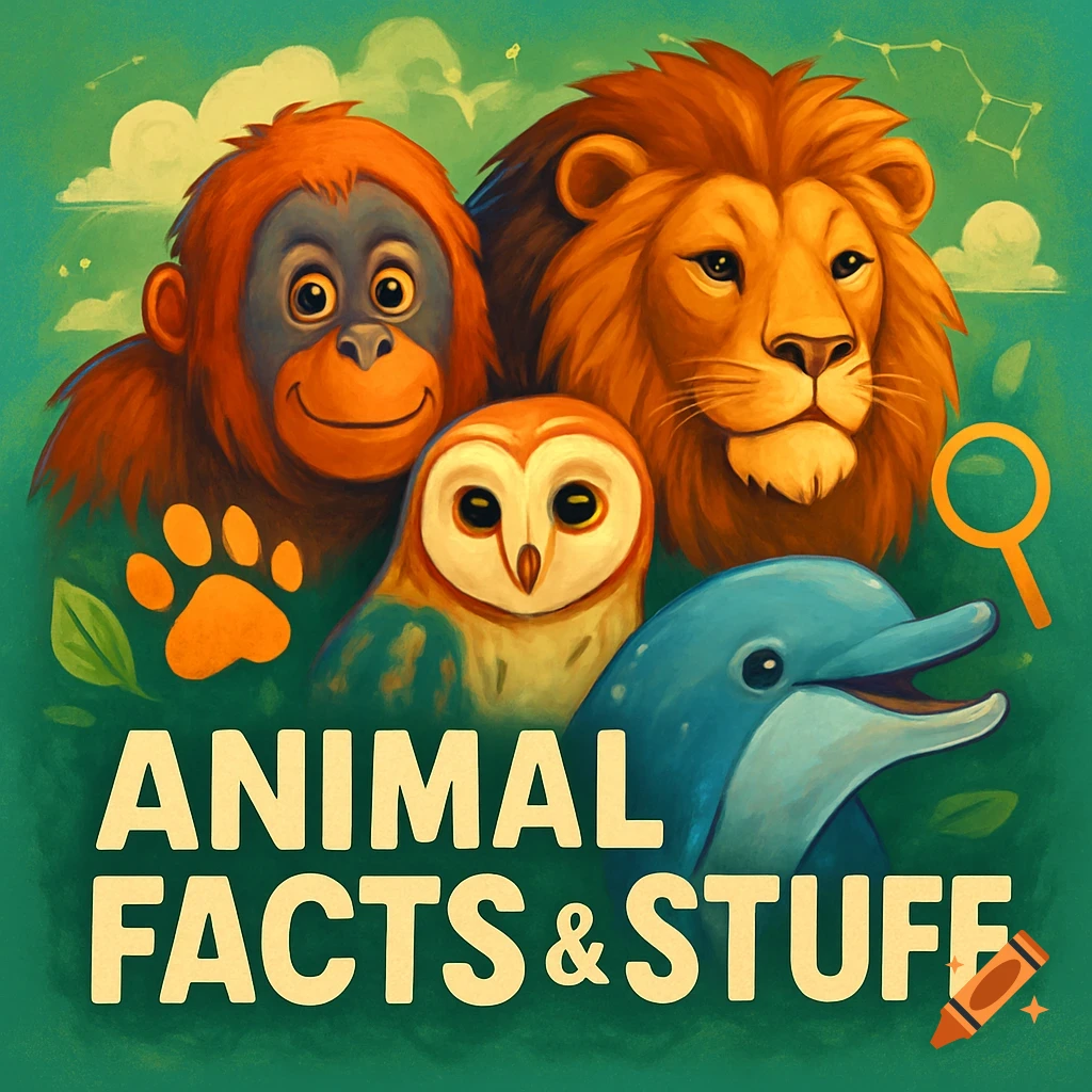 Cartoon illustration of an orangutan, lion, owl, and dolphin with text 'ANIMAL FACTS & STUFF' on a green background.