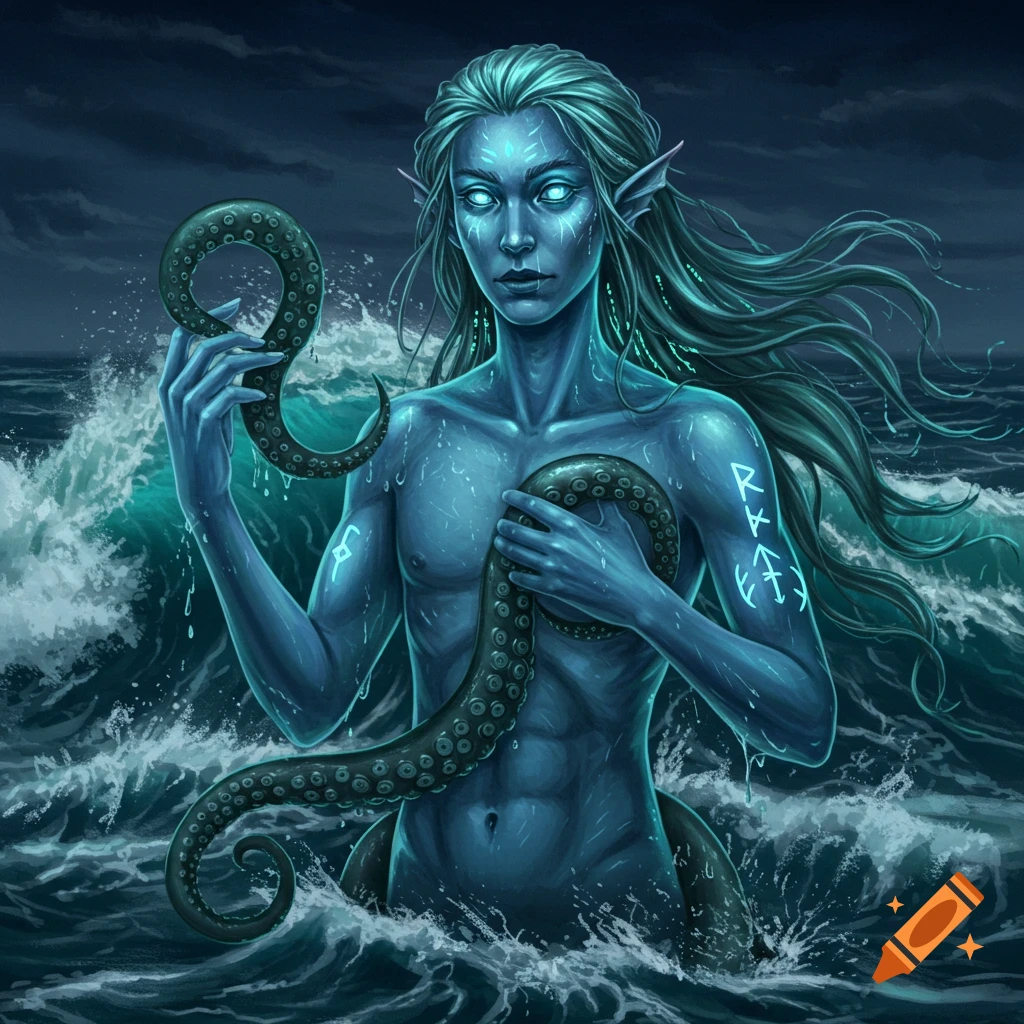 A blue-skinned, humanoid water genasi with glowing eyes and long, flowing hair rises from stormy dark ocean waves, holding a green tentacle.