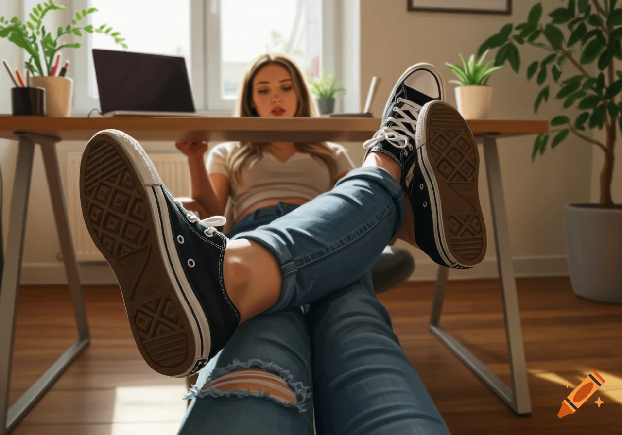 A photorealistic image of a young woman relaxing at a desk, with her feet up and the soles of her black Converse sneakers visible.