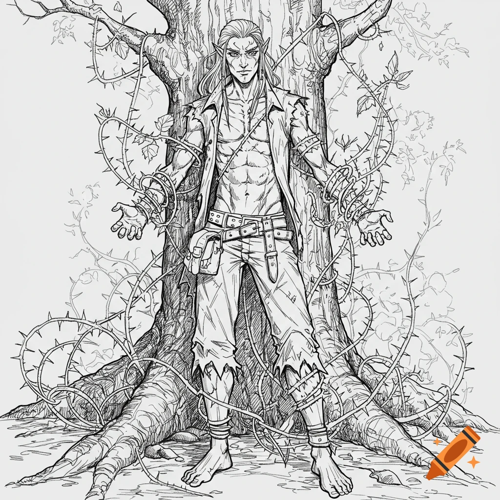 A black and white line art drawing of a muscular elven male with long hair, ripped clothes, and bare feet, bound to a tree by thorny vines.