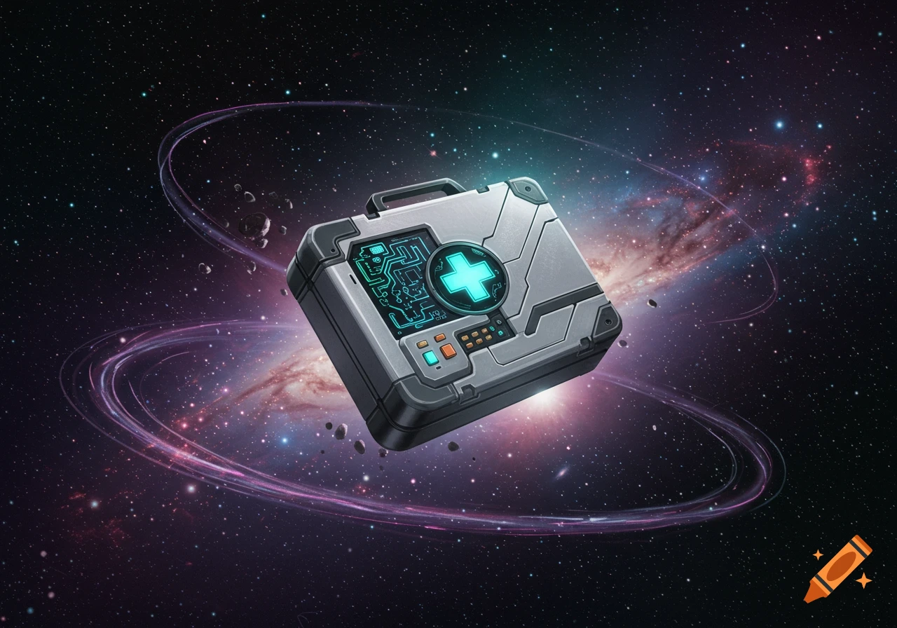 A futuristic medical kit floats in deep space, surrounded by nebulae, stars, and faint rings of cosmic dust. It features a glowing blue cross symbol and circuit-like details.