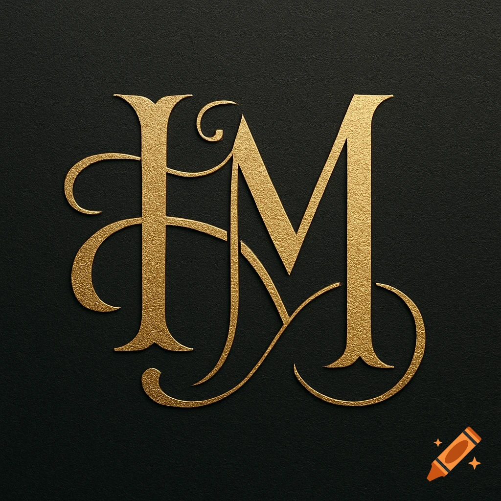 Golden textured monogram of the letters H and M intertwined on a dark background with subtle embossing effect.
