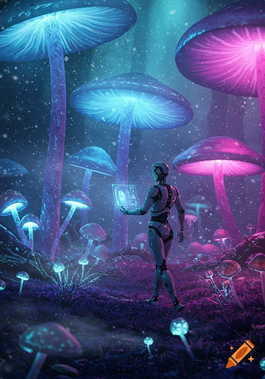 A humanoid robot with a glowing tablet walks through a vibrant, neon blue and purple mushroom forest on an alien planet.