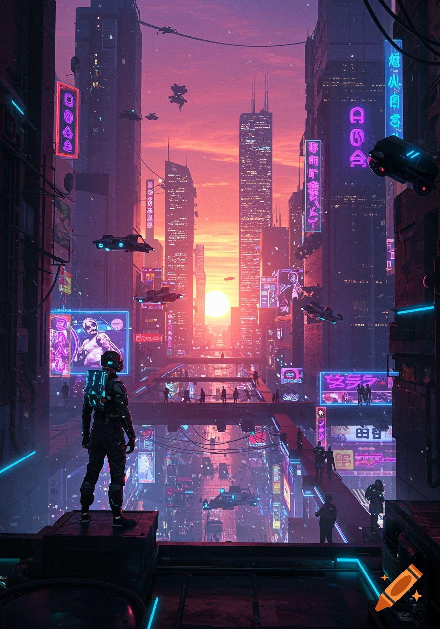 A person in a futuristic suit overlooks a neon-lit cyberpunk city at sunset, with flying vehicles and towering skyscrapers.
