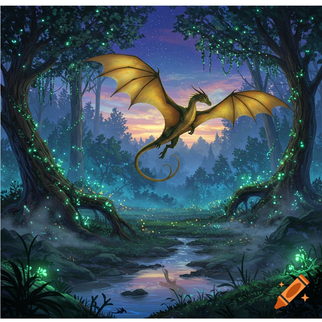 A majestic golden dragon flies through an enchanted forest with glowing blue lights and a stream under a twilight sky.