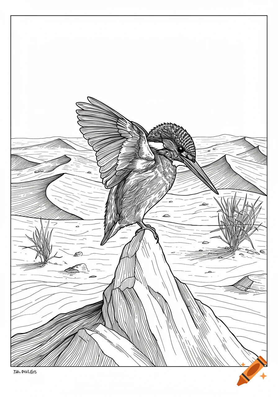 A kingfisher with outspread wings perches on a rock in a black linework illustration of a desert.