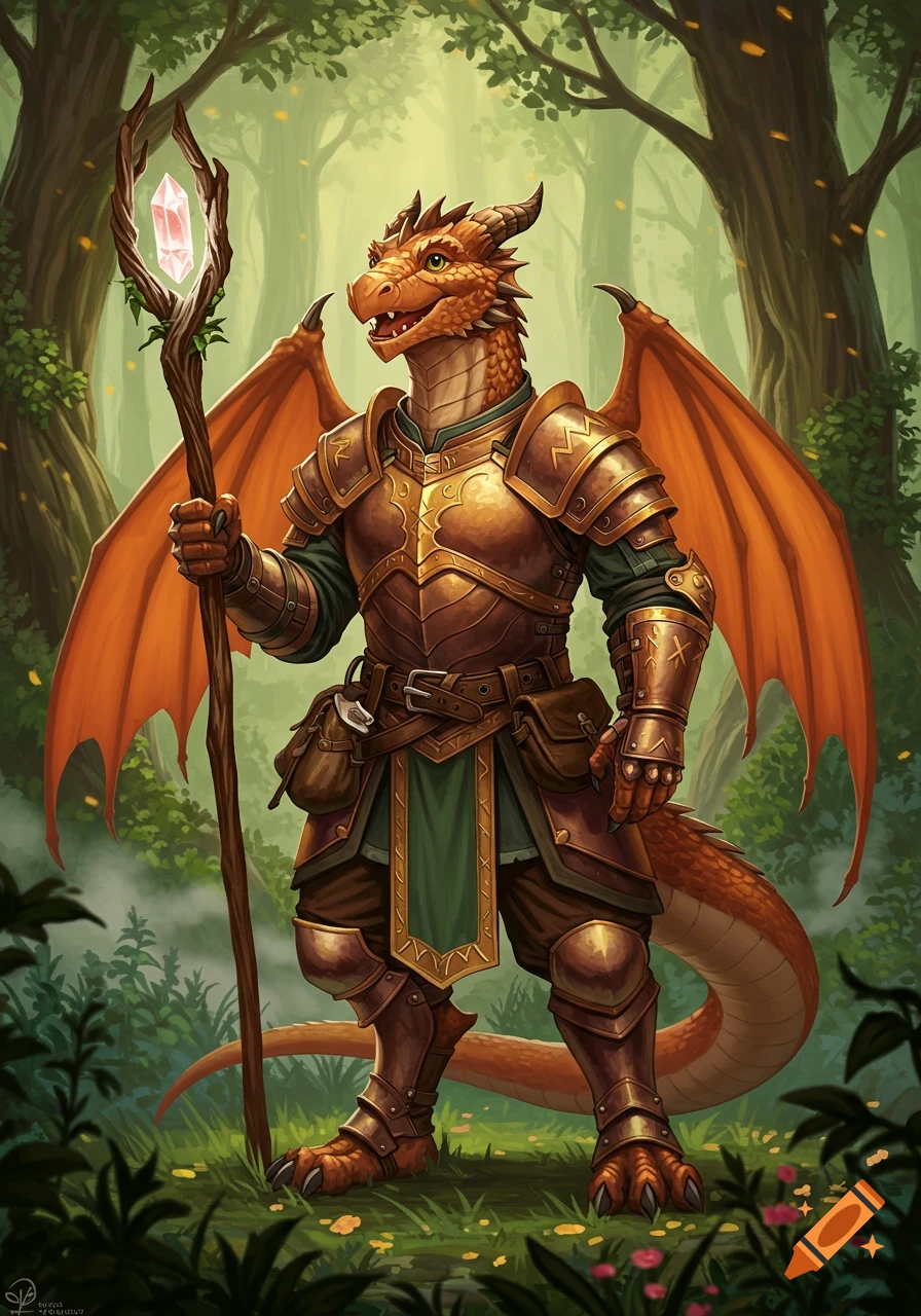 A bronze-scaled dragonborn cleric in golden armor holds a crystal-topped staff in a magical forest, digital painting style.