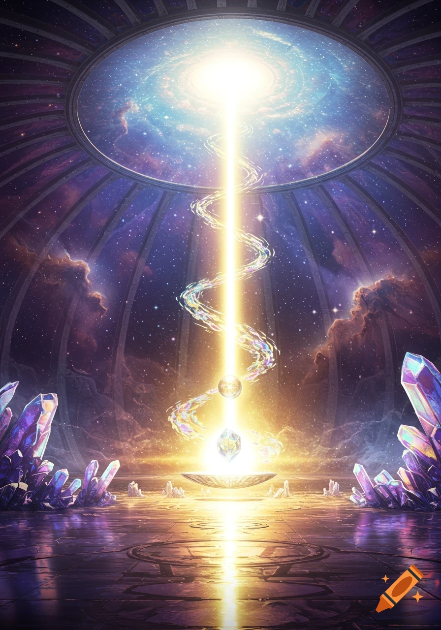 A vibrant fantasy chamber with a cosmic dome, a luminous central beam, swirling energy, and large purple crystals.