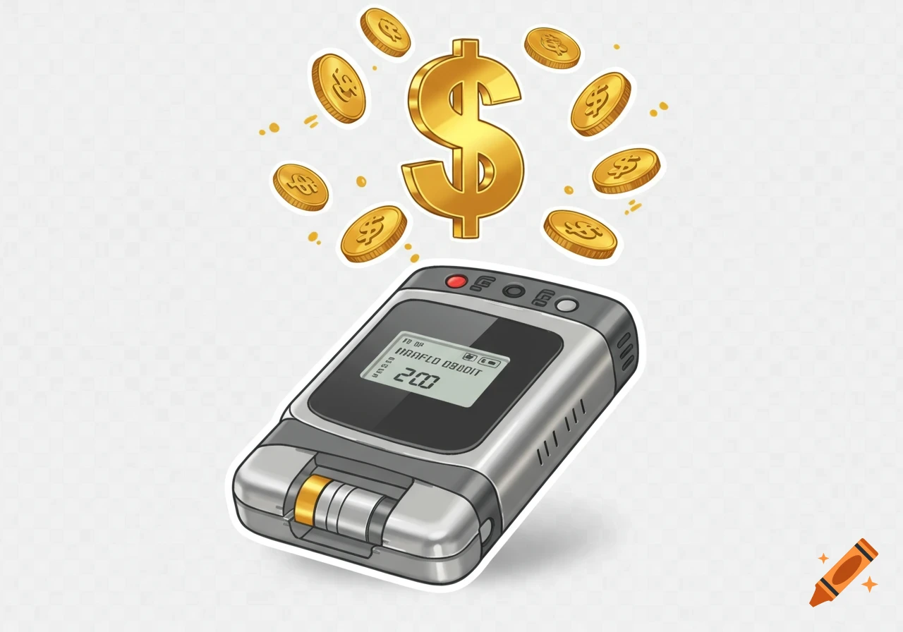 Clipart of a medical device with a dollar sign and gold coins floating above it, on a transparent background.