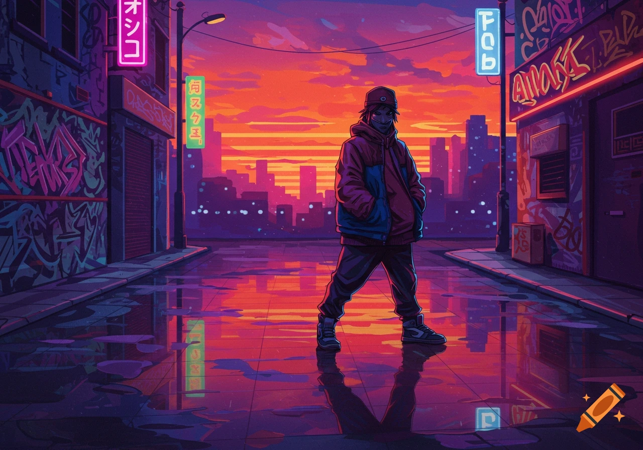 A stylized character wearing a hoodie and cap stands on a wet city street at sunset. Neon signs and graffiti adorn buildings in the vibrant purple, pink, and orange cityscape.