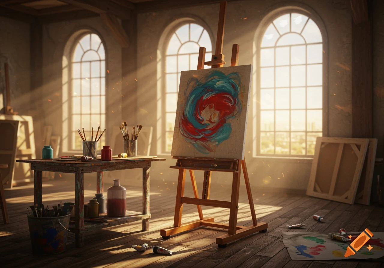 A sunlit art studio with an easel holding an abstract painting, surrounded by brushes, paints, and canvases.