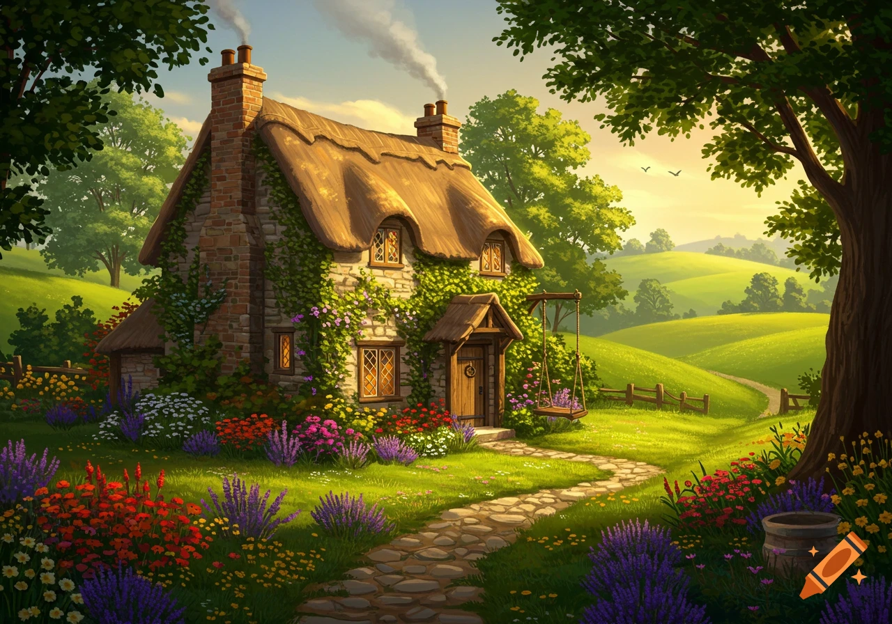 A whimsical stone cottage with a thatched roof, covered in vines, surrounded by a vibrant flower garden and green hills.