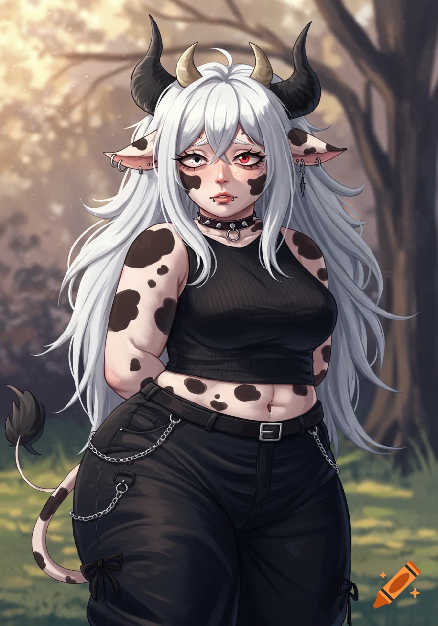 A stylized portrait of a white-haired cow girl with horns, cow patches, and piercings, wearing a black crop top and baggy pants, standing in a forest.