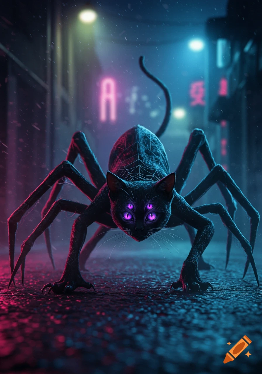 A black cat-spider hybrid creature with glowing purple eyes stalks on a dark, neon-lit, rainy cyberpunk street.