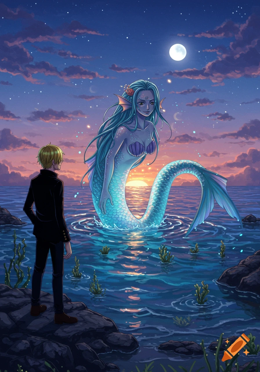 Anime style illustration of Sanji looking at a giant mermaid emerging from the ocean at sunset with a full moon.