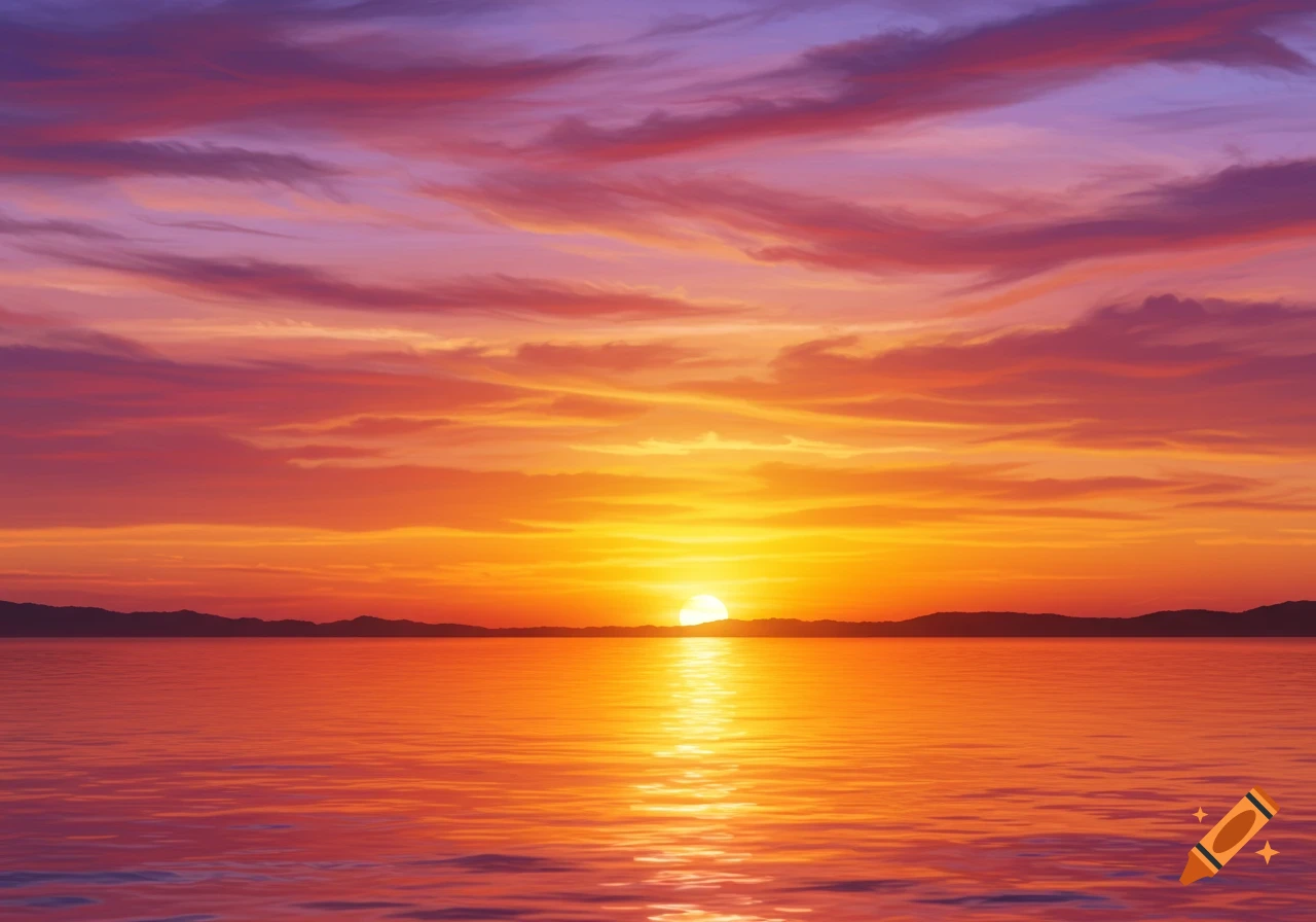 Vibrant orange and purple sunset over a tranquil body of water, with a bright sun reflecting on the surface and distant mountains.
