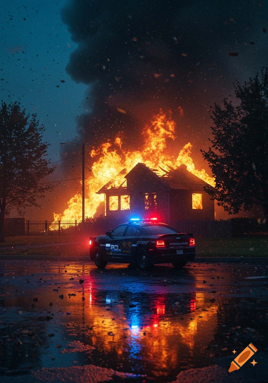 A police car with flashing red and blue lights sits on a wet street in front of a house engulfed in large, orange flames and dark smoke at dusk.
