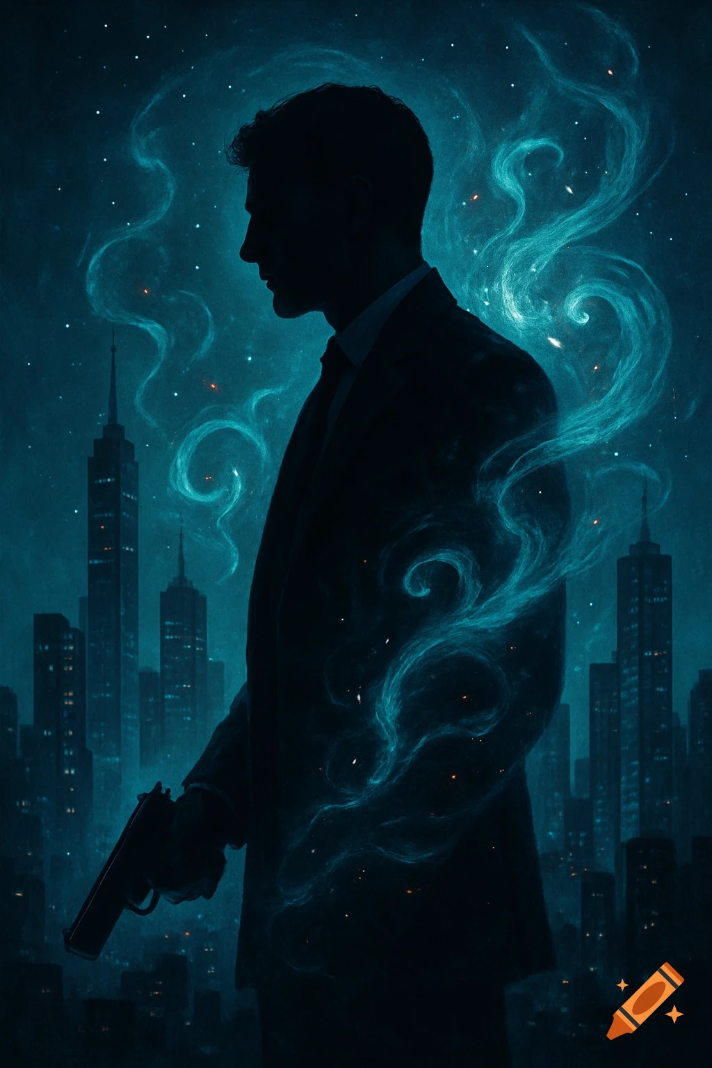 Silhouetted man in a suit holding a gun against a dark blue city skyline with glowing turquoise energy swirls and stars.