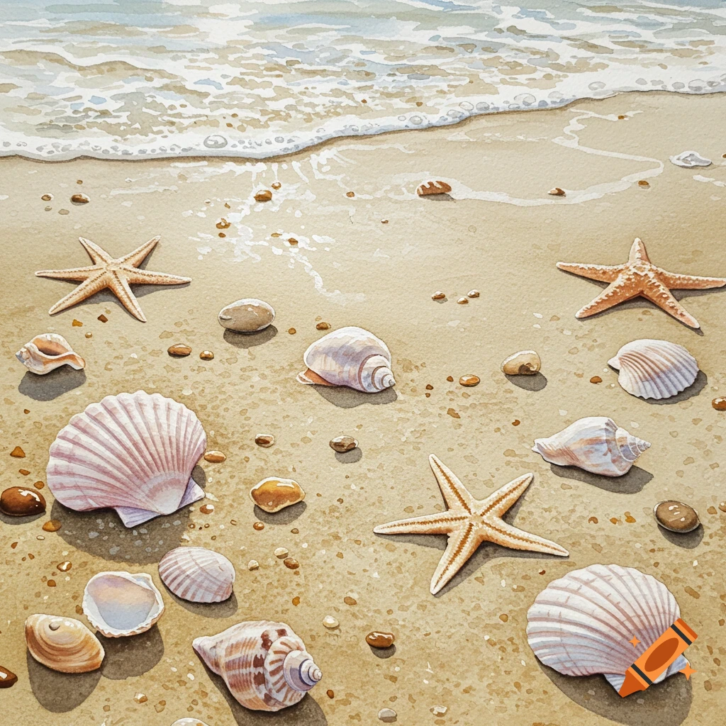 A watercolor painting of seashells, starfish, and pebbles scattered on a sandy beach with gentle ocean waves.