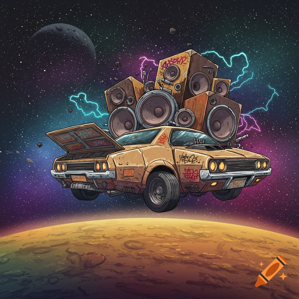 A retro-futuristic, graffiti-covered car with large speakers on its back floats through space above a planet, with lightning bolts in the background in a 2D artsy style.